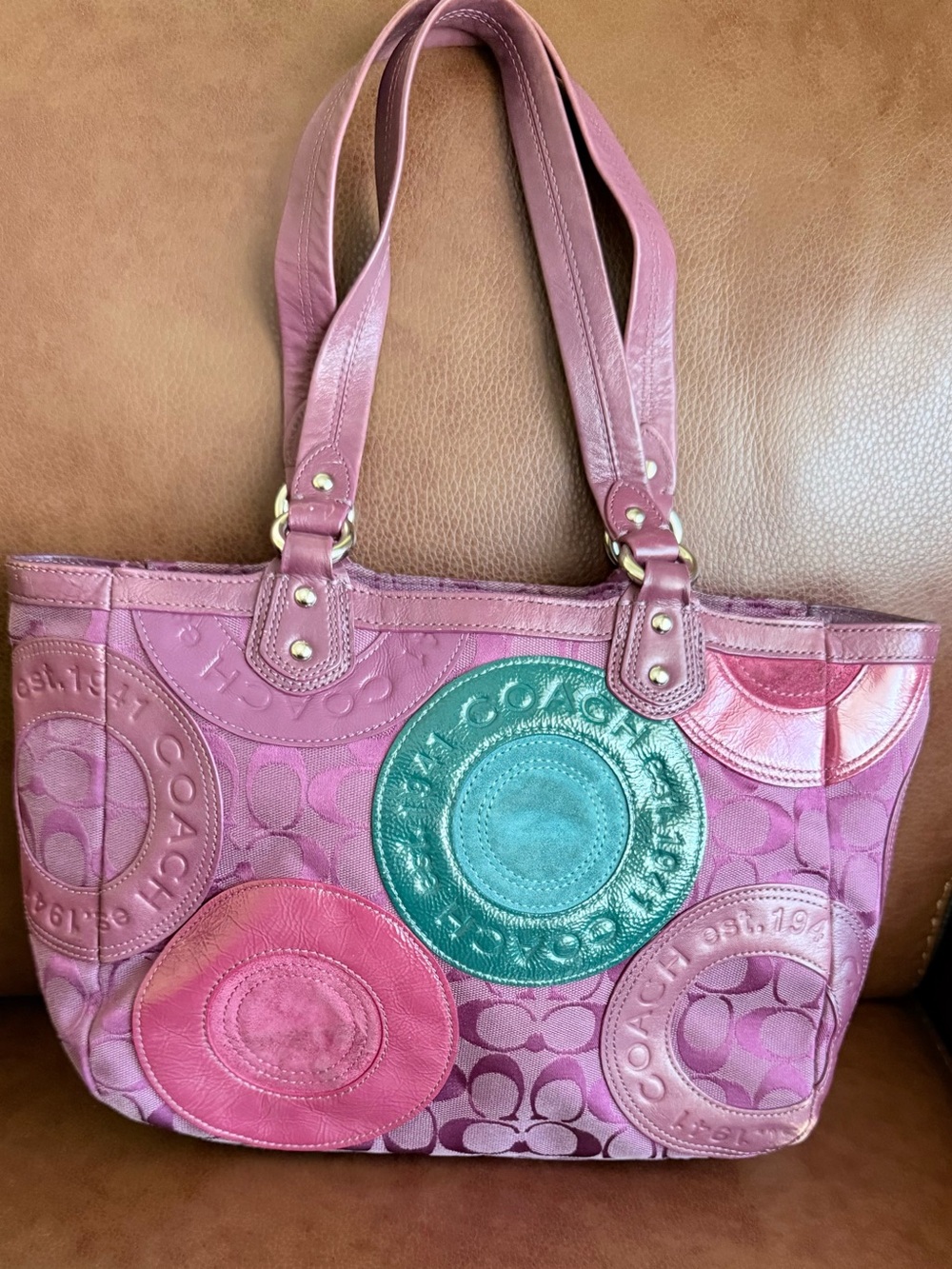 Coach Pink and Teal Patchwork Tote